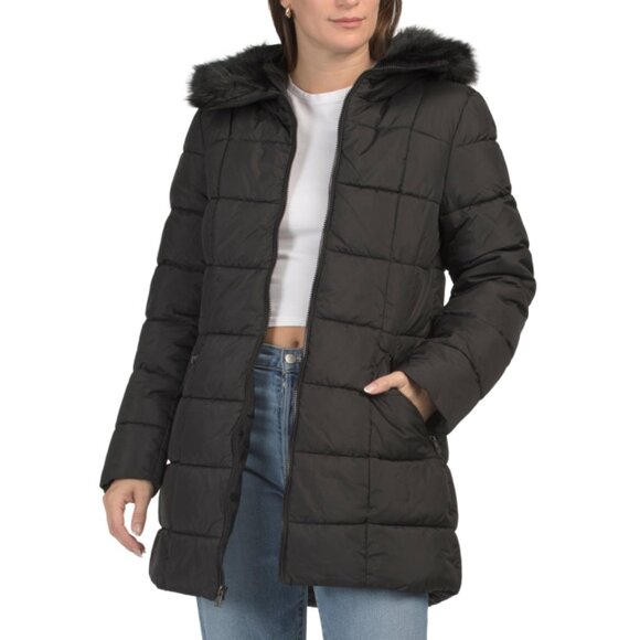 LAUNDRY BY SHELLI SEGAL Black Brie Faux Fur Trim Puffer Coat - Picture 1 of 2
